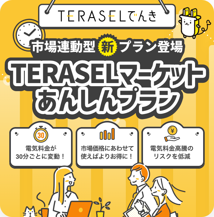 TERASELでんき 市場連動型新プラン登場 TERASELマーケットあんしんプラン 電気料金が30分ごとに変動！市場価格にあわせて使えばよりお得に！電気料金高騰のリスクを低減！